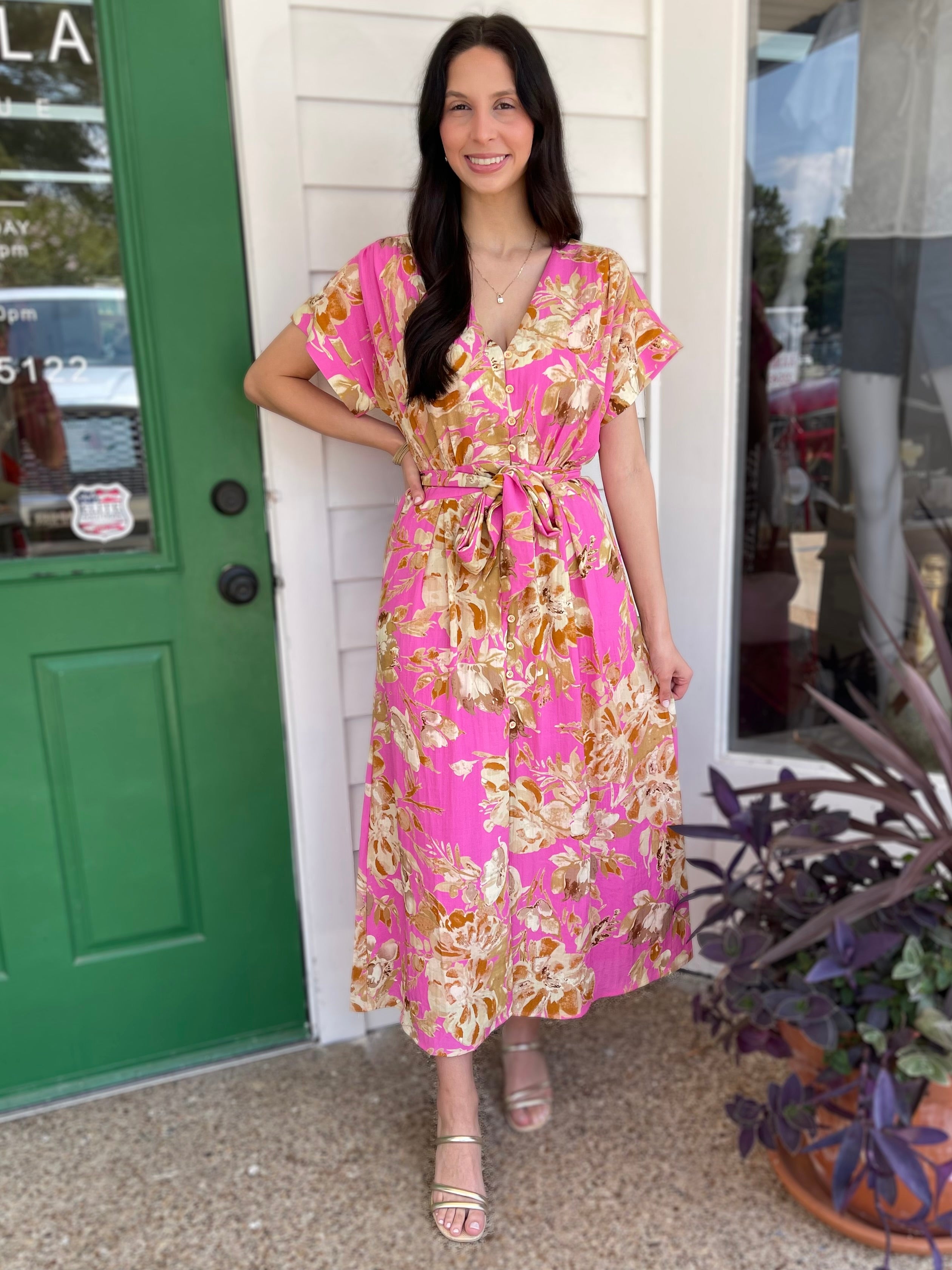 PINK FLORAL PRINT BUTTON UP SHORT SLEEVE MAXI DRESS