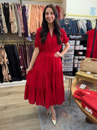 RED PLEATED SPLIT NECK SHORT PUFF SLEEVE TIERED MAXI DRESS