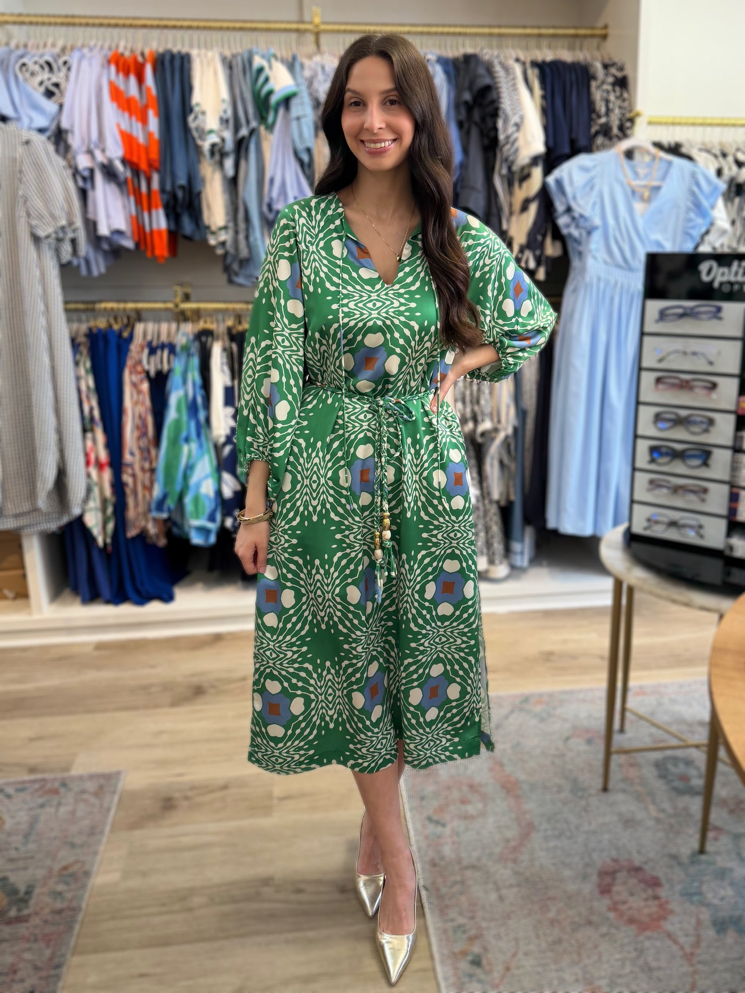 GREEN MULTI GEO PRINT JARDIN MIDI DRESS