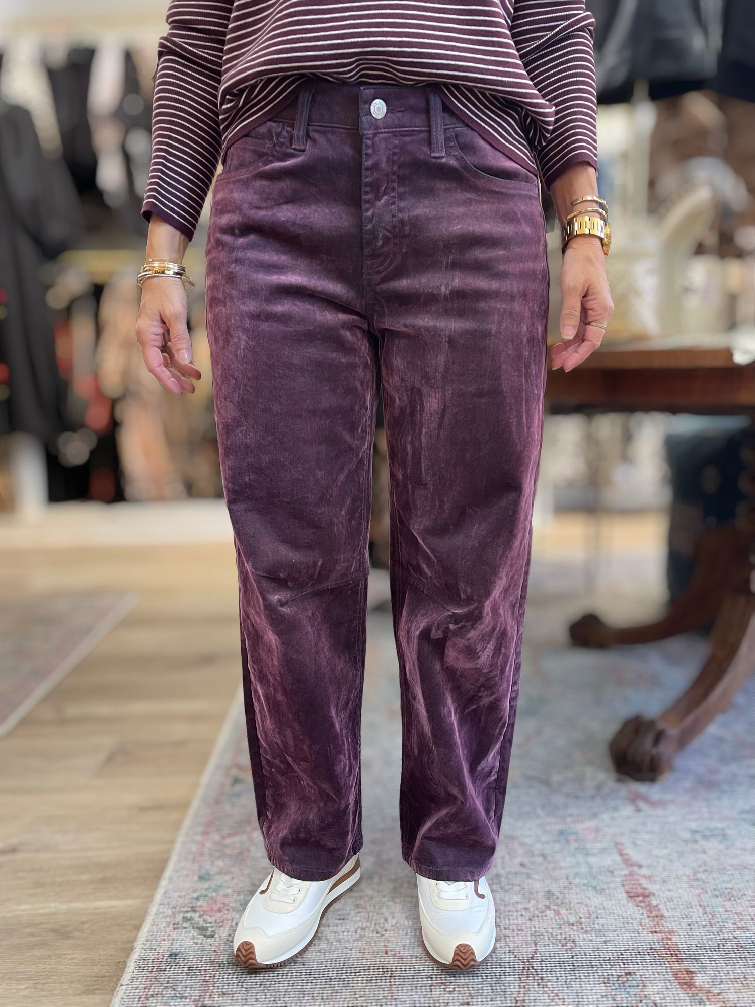 PURPLE FLOCKED HIGH RISE BARREL LEG JEANS