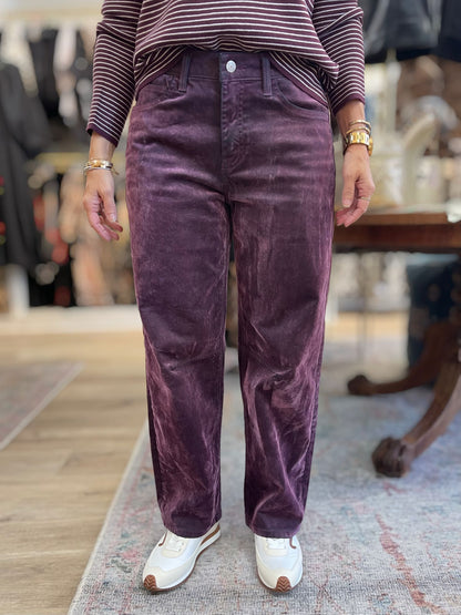 PURPLE FLOCKED HIGH RISE BARREL LEG JEANS