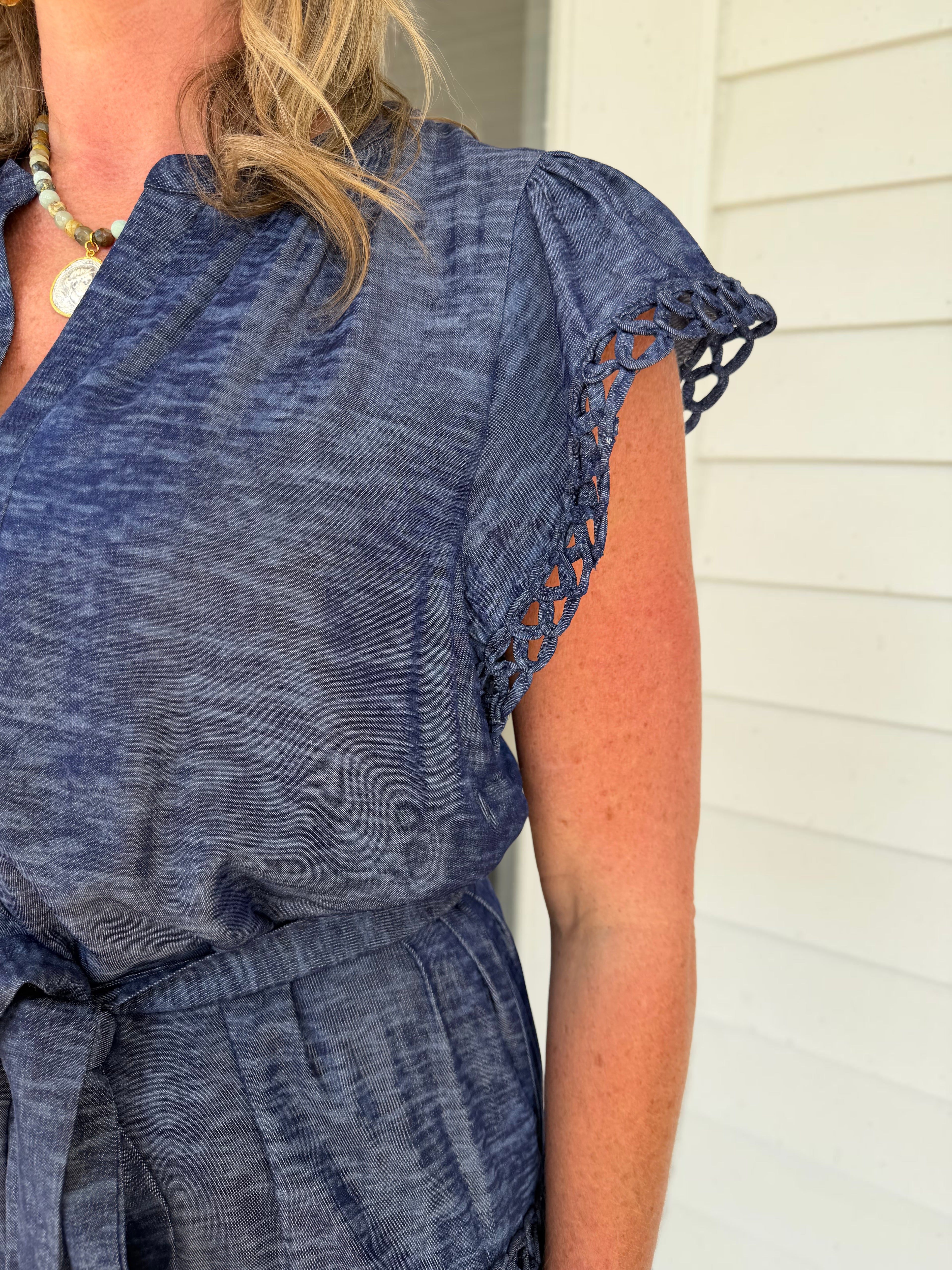 NAVY MELANGE CROCHET TRIM MINI DRESS