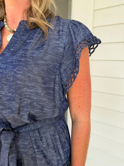 NAVY MELANGE CROCHET TRIM MINI DRESS