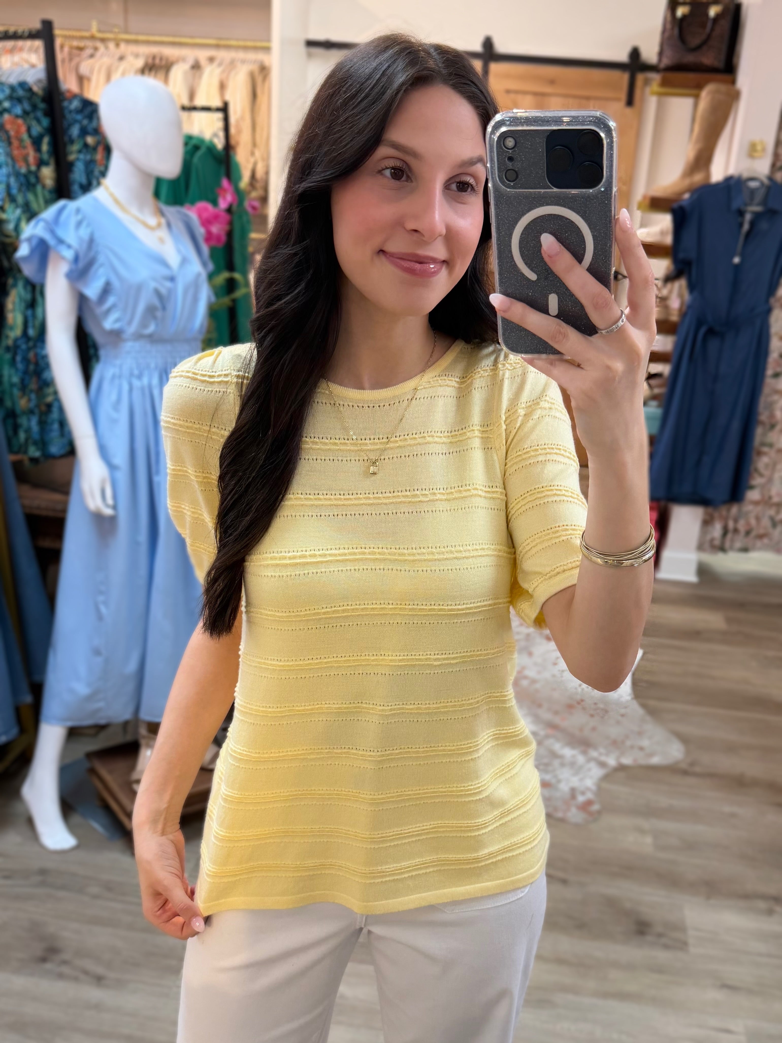 LEMON YELLOW TEXTURED STRIPE SHORT BALLON SLEEVE SWEATER TOP