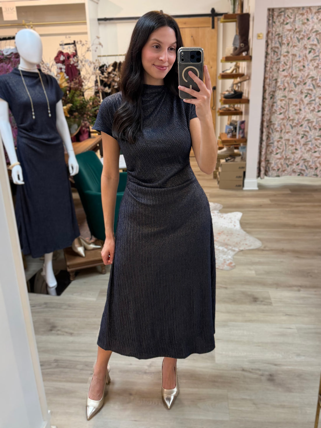 NAVY &amp; GOLD METALLIC RIBBED KNIT DRAPED MOCK NECK MIDI DRESS