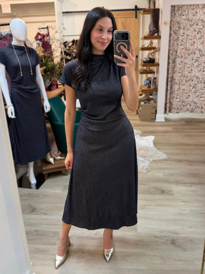NAVY &amp; GOLD METALLIC RIBBED KNIT DRAPED MOCK NECK MIDI DRESS