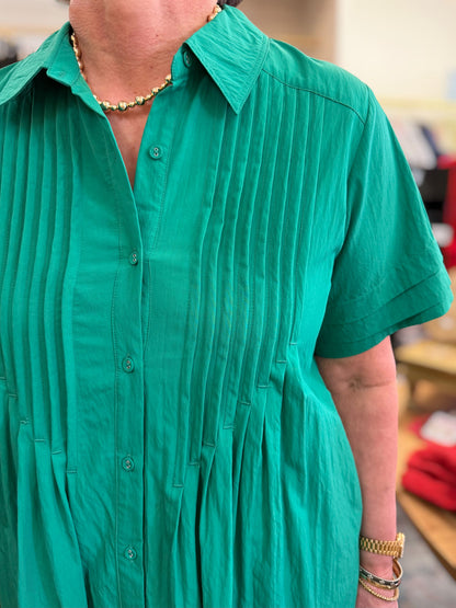 GREEN PINTUCK DETAIL SHORT SLEEVE BUTTON UP SHIRT MINI DRESS