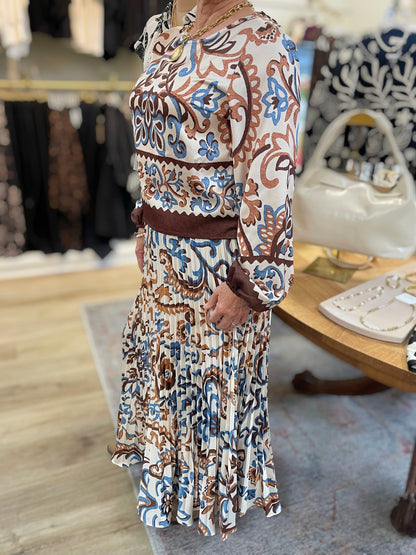 IVORY/BROWN/BLUE BORDER BOHO PRINT BLOUSE