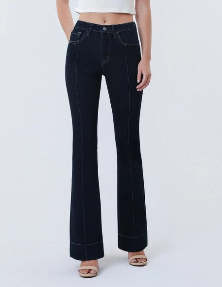 COHESION DARK WASH HIGH RISE PIN TUCK TROUSER HEM BOOTCUT JEANS