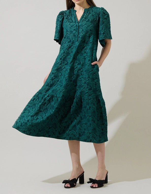 EMERALD JACQUARD FLORAL PRINT SHORT SLEEVE MIDI DRESS