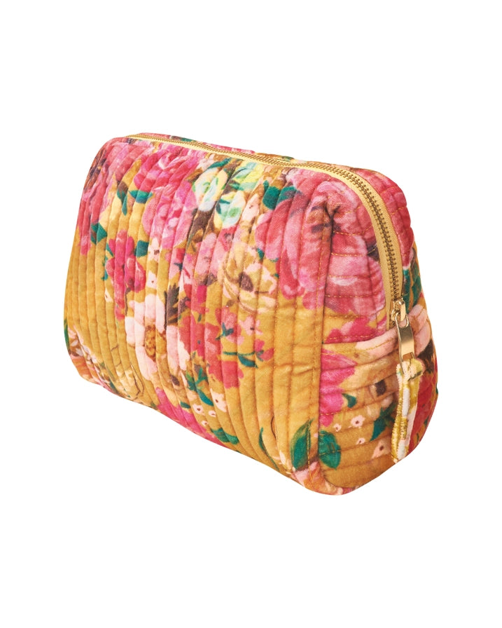 MUSTARD IMPRESSIONIST FLORAL MEDIUM QUILTED VELVET VANITY BAG