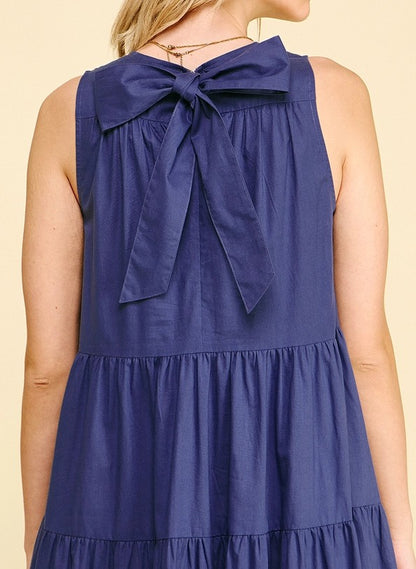 NAVY POPLIN TIERED A-LINE SLEEVELESS MAXI DRESS