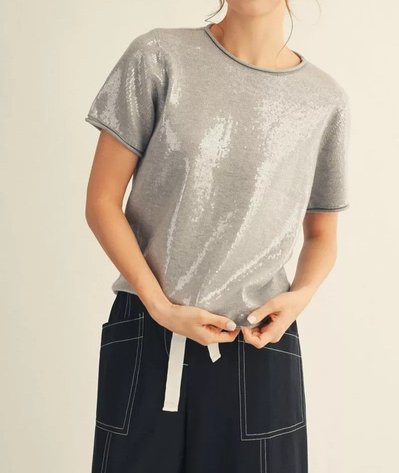 HEATHER GREY TINY SEQUIN SHORT SLEEVE SWEATER TOP