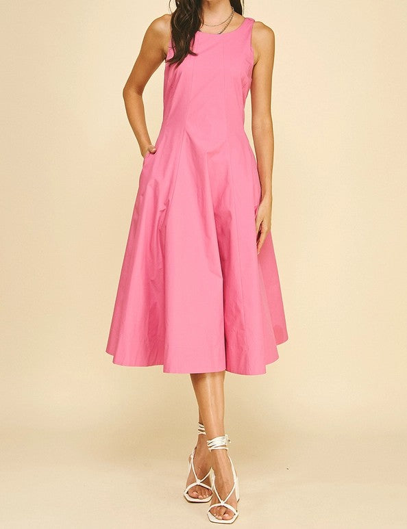 DUSTY PINK FITTED BODICE FLARED SLEEVELESS MIDI DRESS