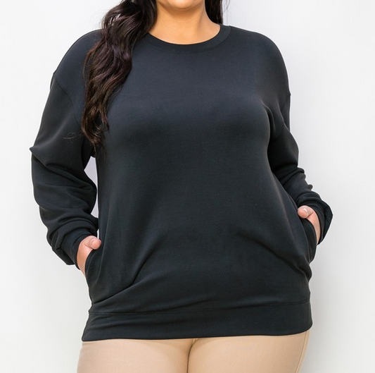 *EXTENDED SIZE* BLACK SOFT MODAL OVERSIZED CREW TOP