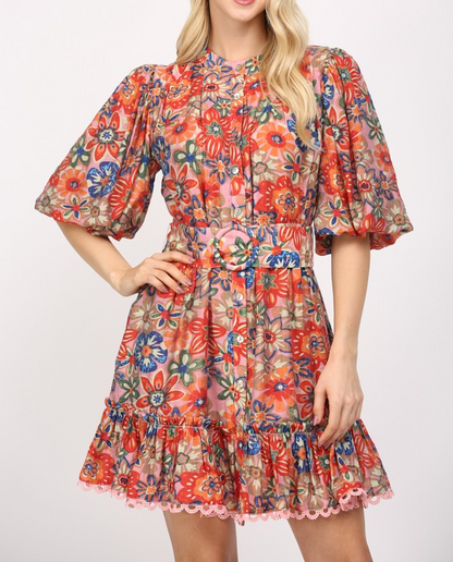 MAUVE MULTI FLORAL PRINT PUFF SLEEVE BELTED MINI DRESS