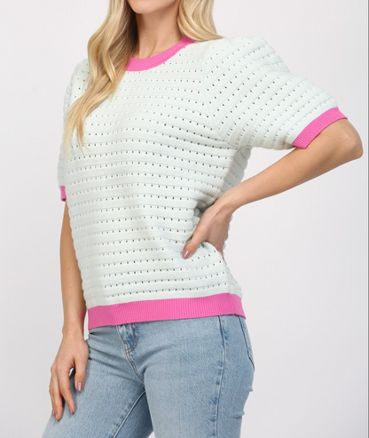 LIGHT BLUE/MAGENTA CONTRAST BAND PUFF SLEEVE SWEATER