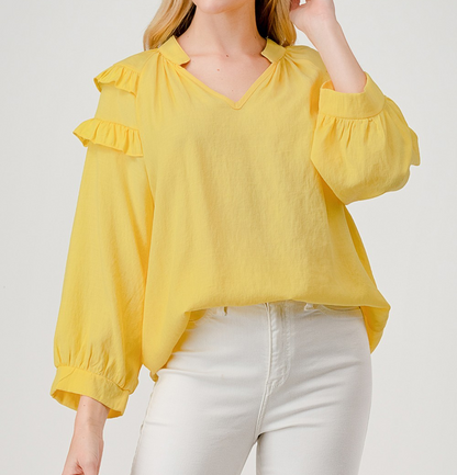 YELLOW 3/4 BALLOON SLEEVE VNECK TOP