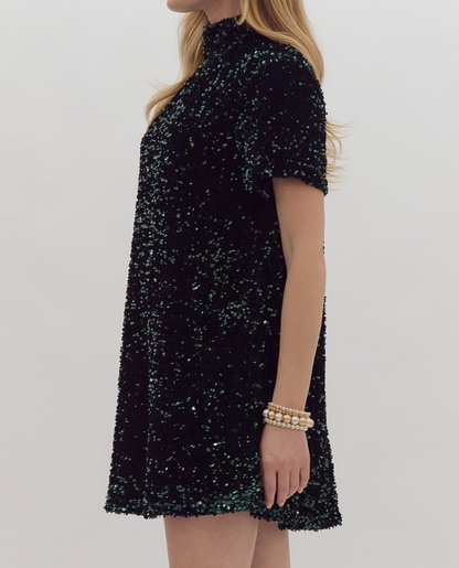 EMERALD GREEN SEQUIN MOCK NECK MINI DRESS