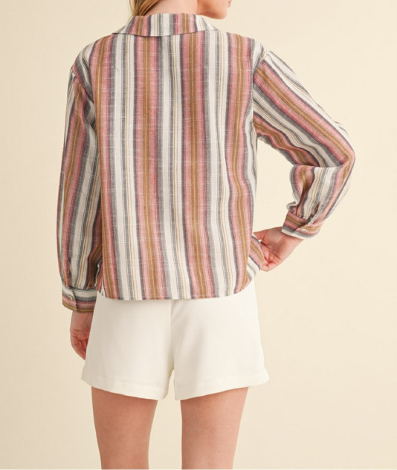 TOFFEE STRIPED BOW TIE CLOSURE LONG SLEEVE TOP
