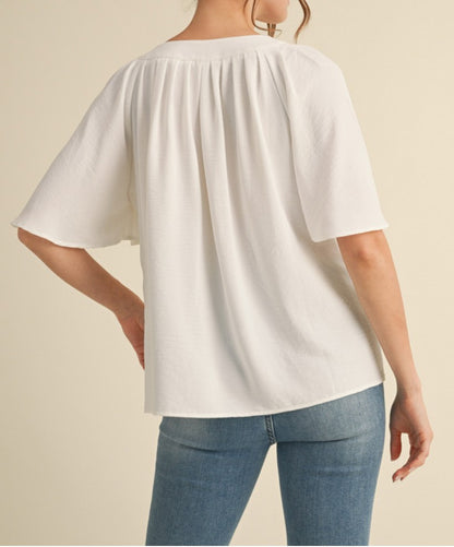WHITE SLIT NECK HALF CAPE SLEEVE FLOWY BLOUSE