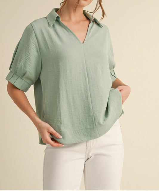 ALOE GREEN OPEN COLLAR VNECK BANDED CUFF TOP