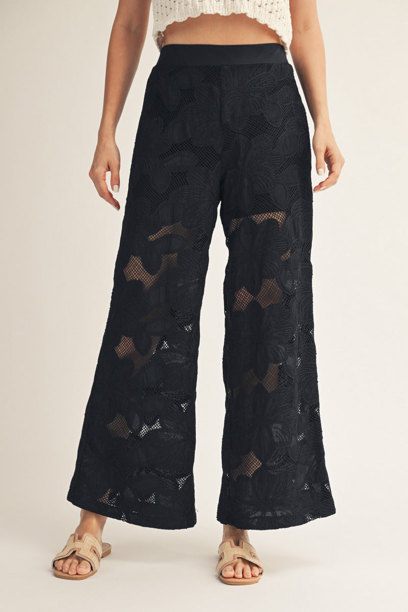 BLACK FLORAL LACE DETAIL WIDE LEG PANTS