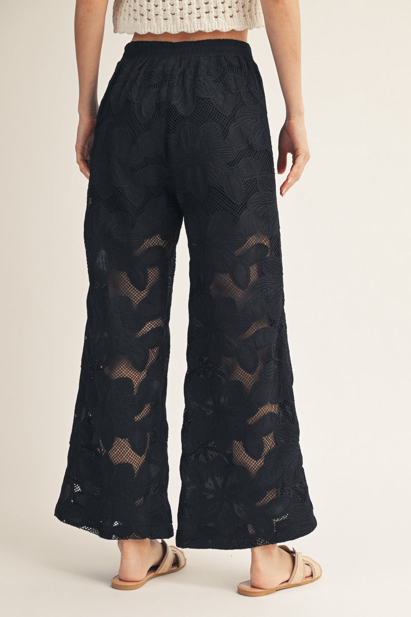 BLACK FLORAL LACE DETAIL WIDE LEG PANTS