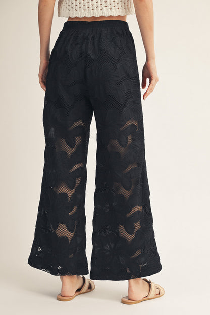 BLACK FLORAL LACE DETAIL WIDE LEG PANTS