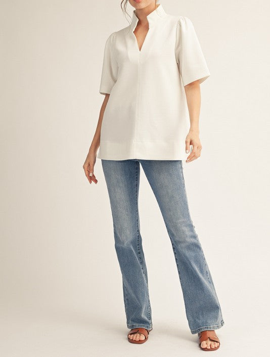 OFF WHITE SOFT STANDING COLLAR SPLIT VNECK TOP
