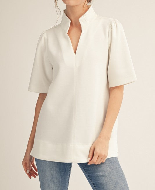OFF WHITE SOFT STANDING COLLAR SPLIT VNECK TOP
