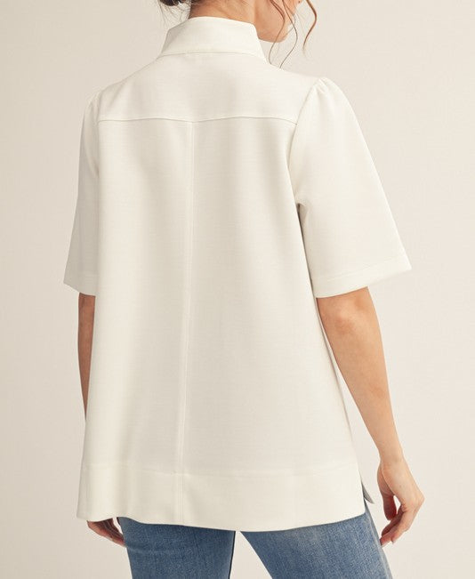 OFF WHITE SOFT STANDING COLLAR SPLIT VNECK TOP