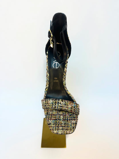 BLACK MULTICOLOR TWEED SANDAL BLOCK HEEL