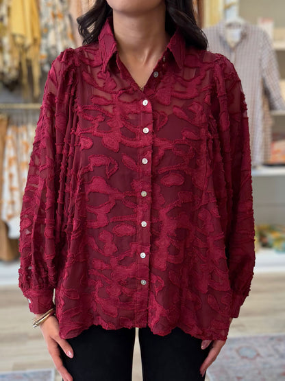 BURGUNDY SHEER EMBROIDERED TULLE LACE LONG PUFF SLEEVE BUTTON UP TOP