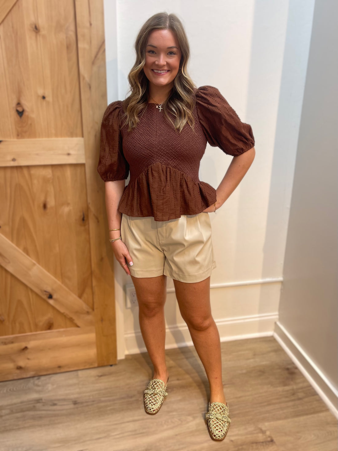 BROWN SMOCKED PEPLUM 3/4 PUFF SLEEVE ESRA TOP