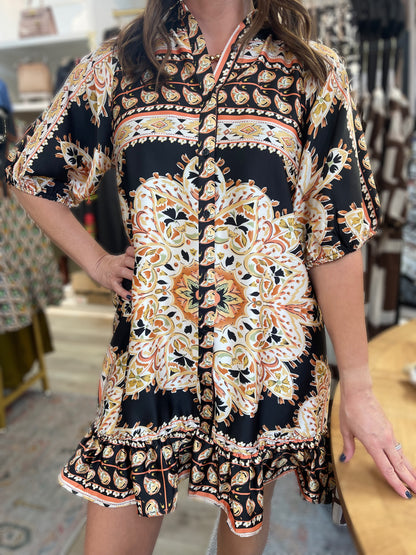 BLACK MIRRORED SCARF PRINT BUTTON UP MINI DRESS