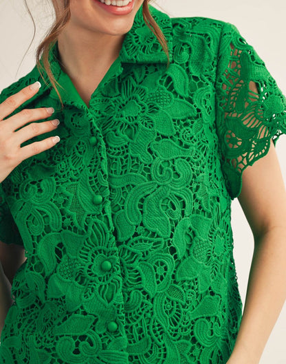 KELLY GREEN FLORAL LACE DETAIL SHORT SLEEVE TOP