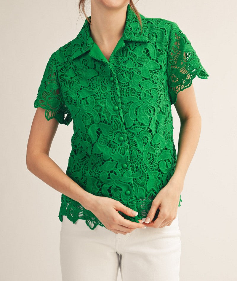KELLY GREEN FLORAL LACE DETAIL SHORT SLEEVE TOP