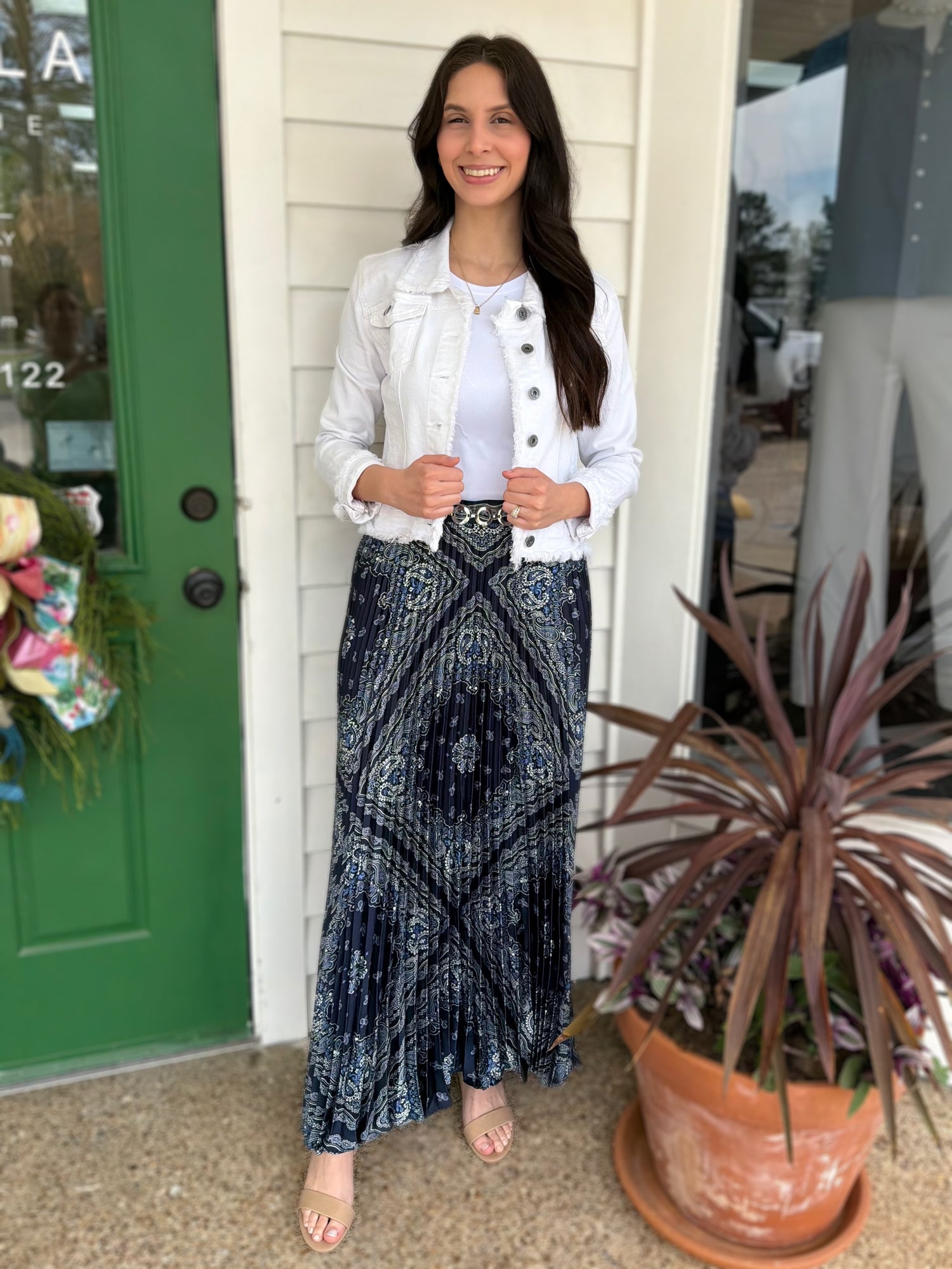 NAVY BANDANA PAISLEY PRINT PLEATED MAXI SKIRT