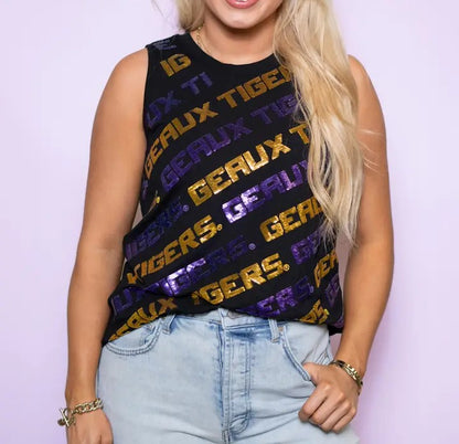 BLACK LSU &quot;GEAUX TIGERS&quot; VARSITY BLOCK LETTER SEQUIN TEE