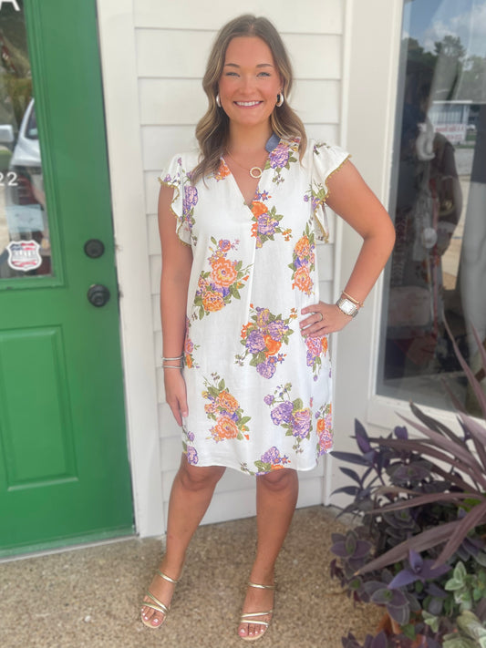 CREAM FLORAL PRINT POM TRIM FLUTTER SLEEVE MINI DRESS