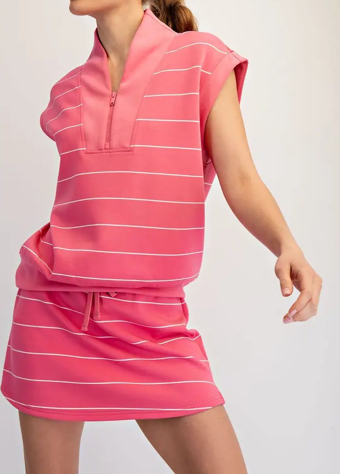 BRINK PINK/CREAM MODAL SCUBA STRIPE QUARTER ZIP SLEEVELESS TOP