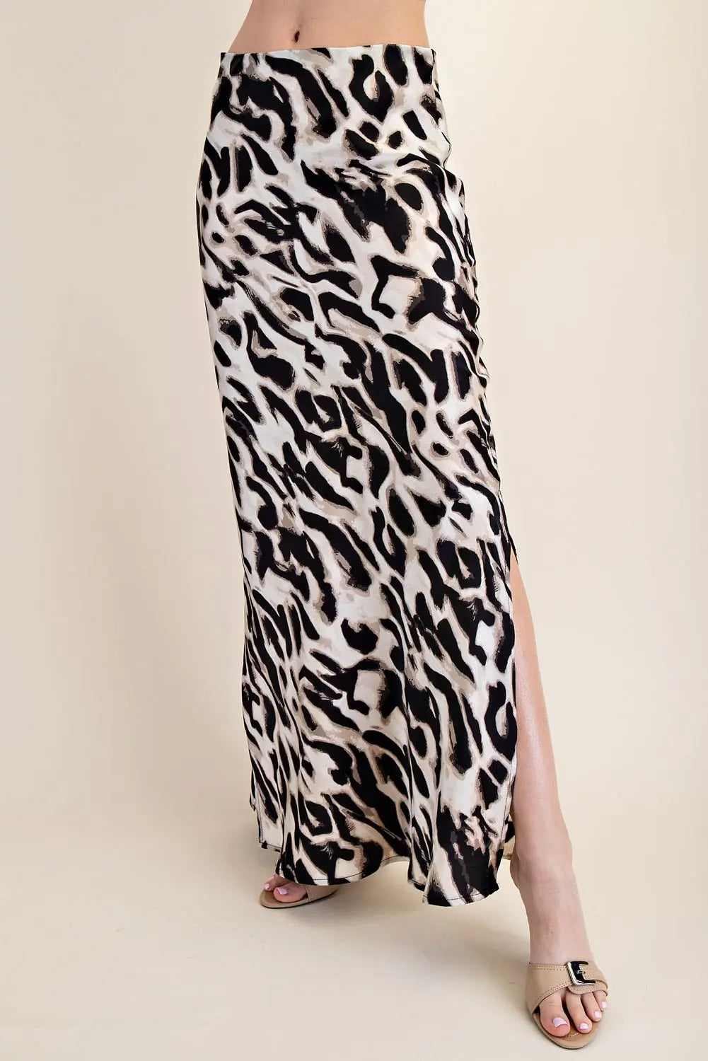 TAUPE ANIMAL PRINT SIDE-SLIT MAXI SKIRT