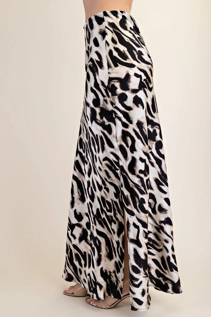 TAUPE ANIMAL PRINT SIDE-SLIT MAXI SKIRT