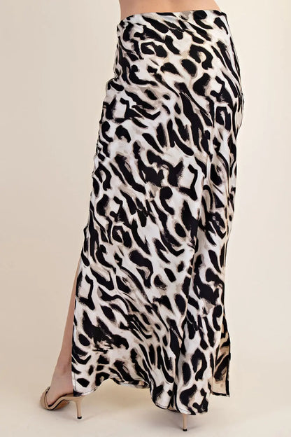 TAUPE ANIMAL PRINT SIDE-SLIT MAXI SKIRT