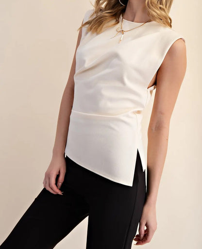IVORY ASYMMERTRICAL HEM PLEATED TOP
