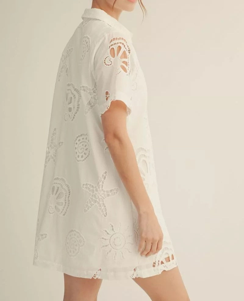 OFF WHITE BEACHY EYELET PLEAT DETAIL QUARTER BUTTON UP MINI DRESS