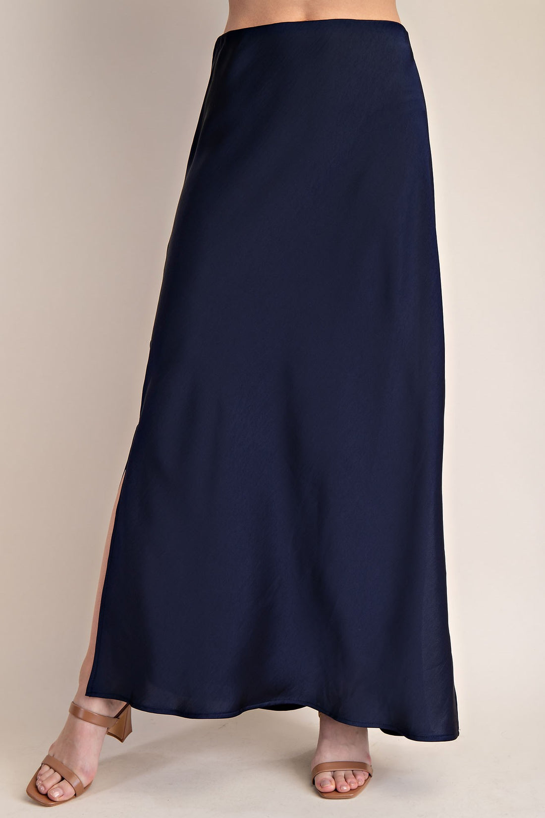 NAVY SATIN SIDE-SLIT MIDI SKIRT