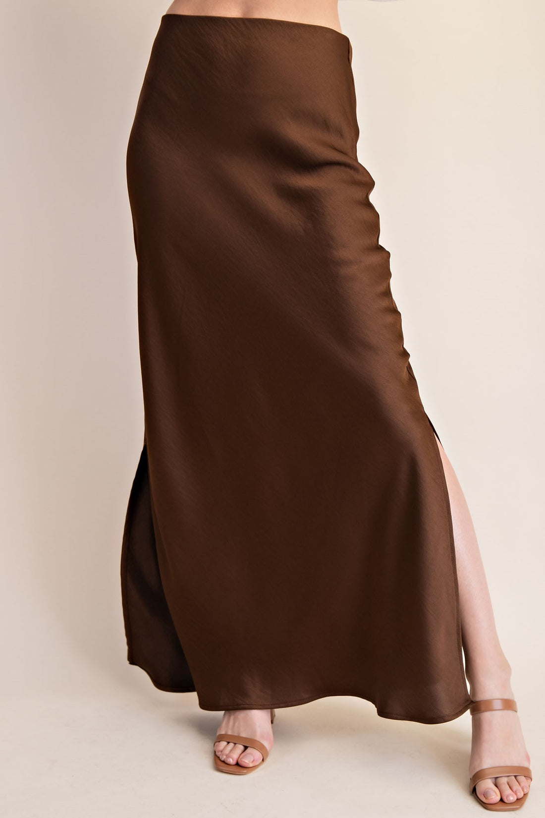 BROWN SATIN SIDE-SLIT MIDI SKIRT