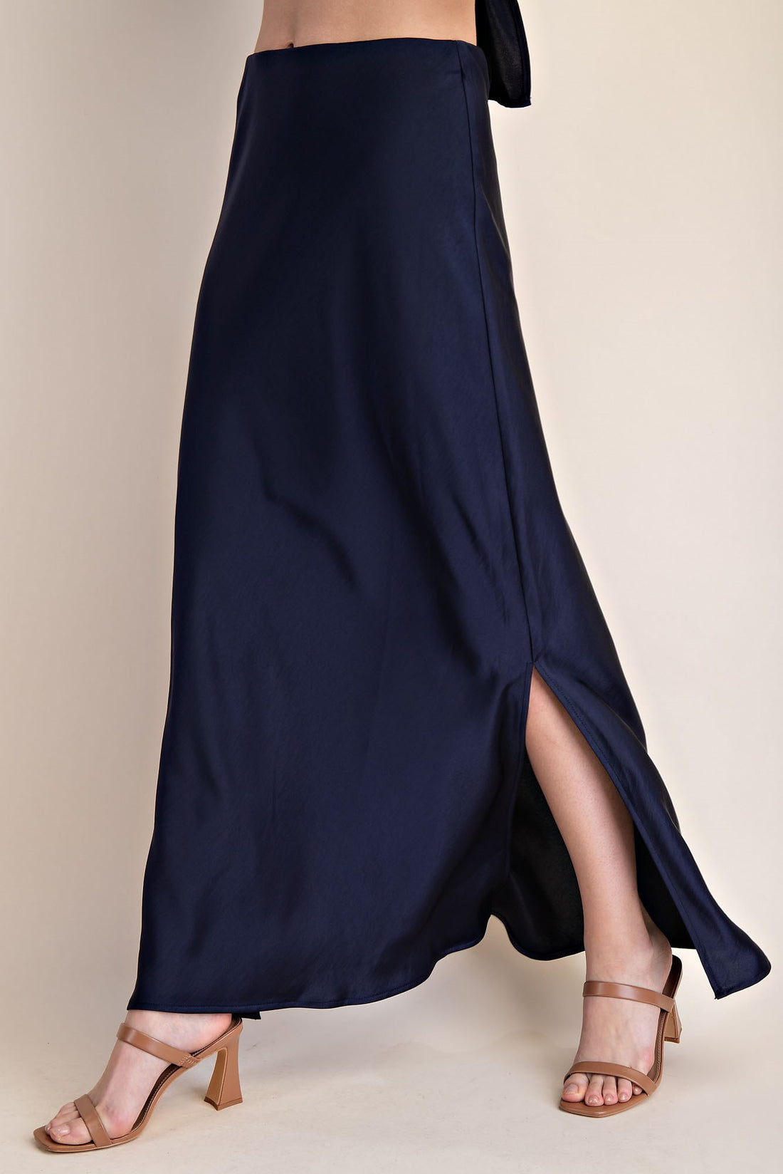 NAVY SATIN SIDE-SLIT MIDI SKIRT